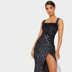 Navy Velvet Glitter Square Neck Midi Dress